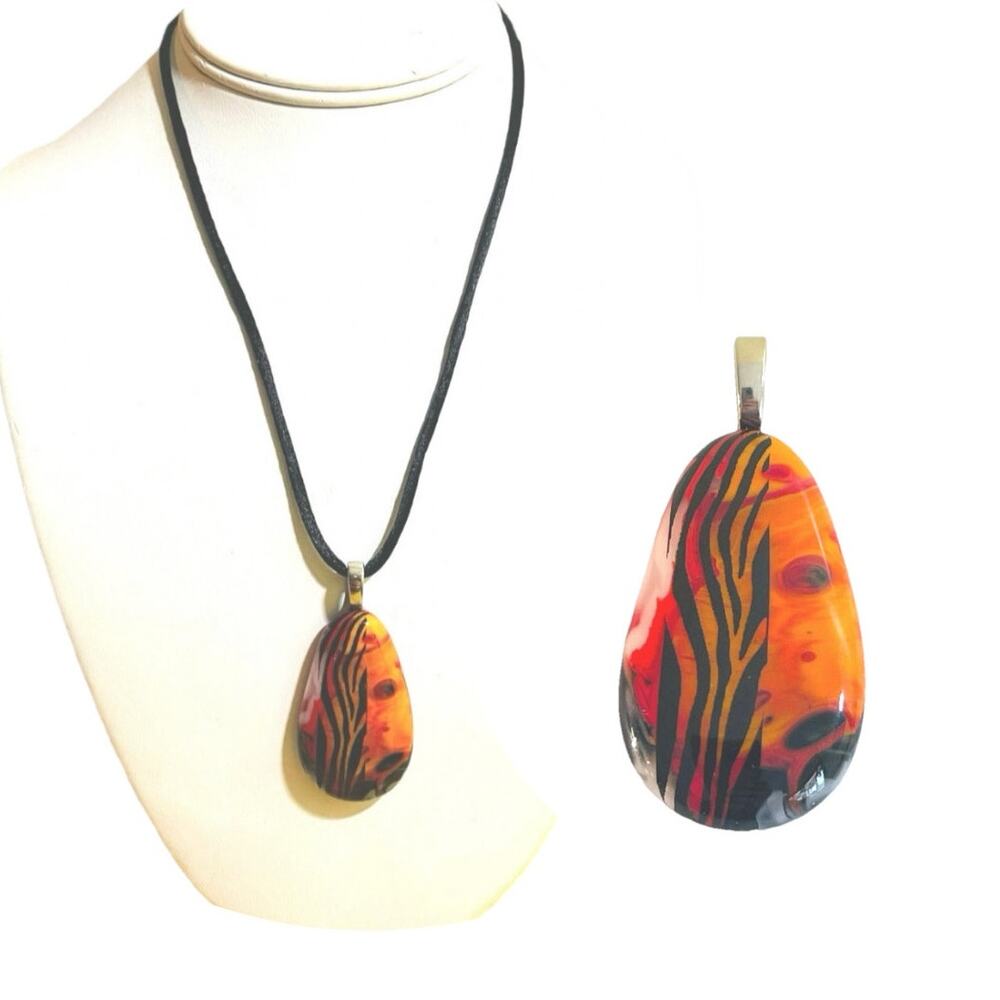Necklace Pendant Fiery Fused Studio Glass Art + Nolan Miller Silk Cord Volcanic